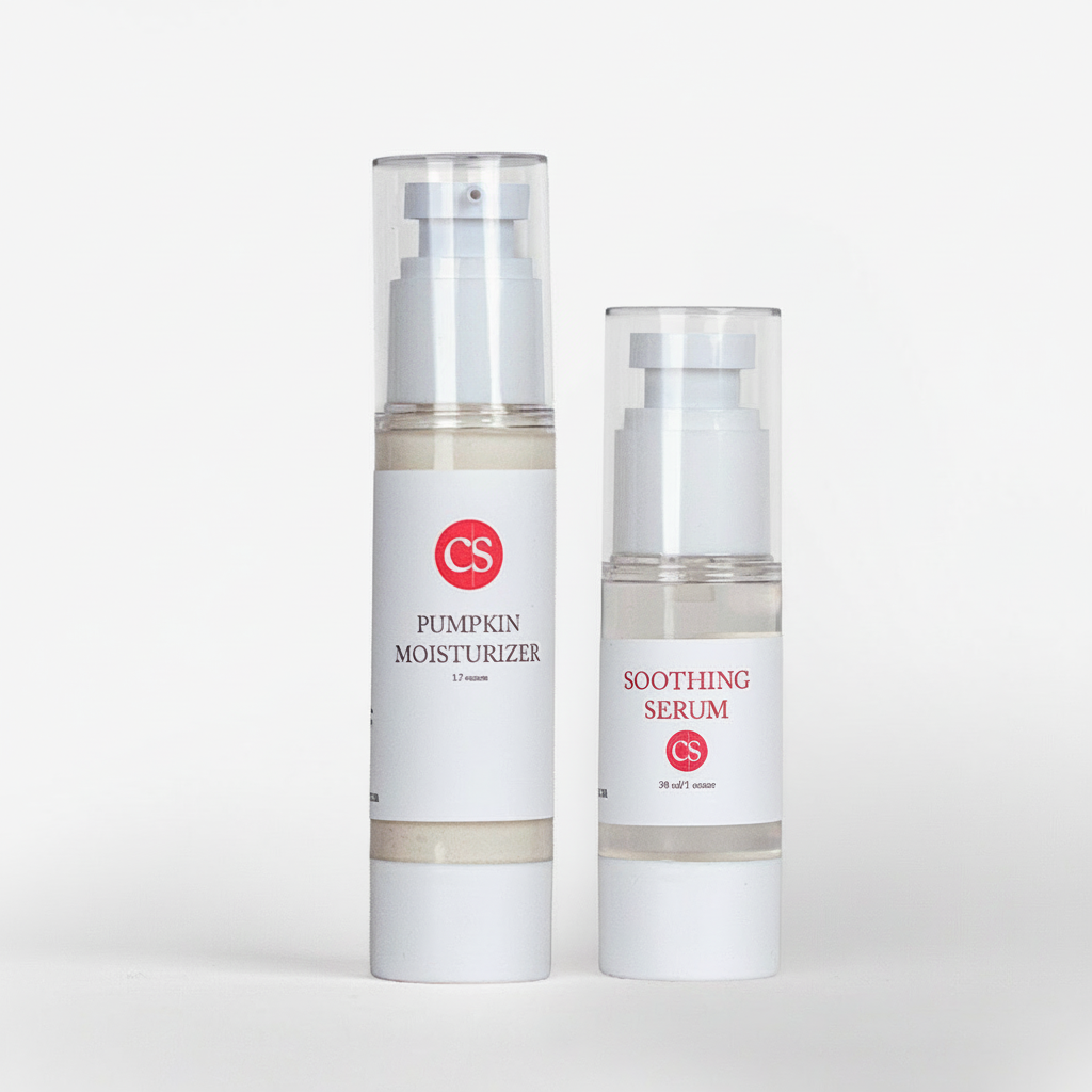 Two skincare bottles, one pumpkin moisturizer and one soothing serum, on a white background.